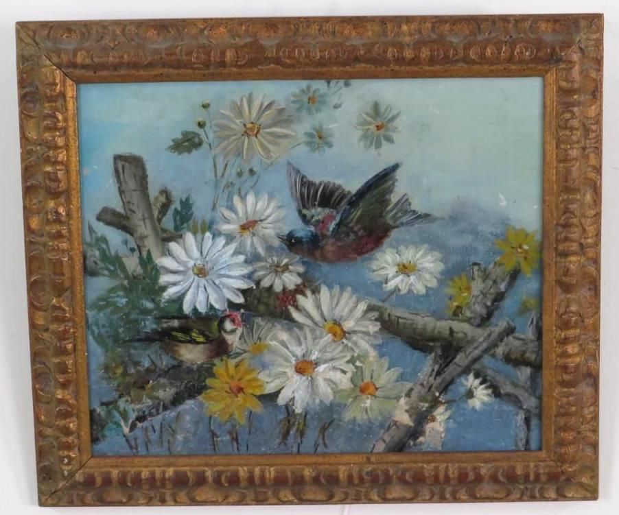 Birds perched on branch with daisies, blue background, ornate gold frame.