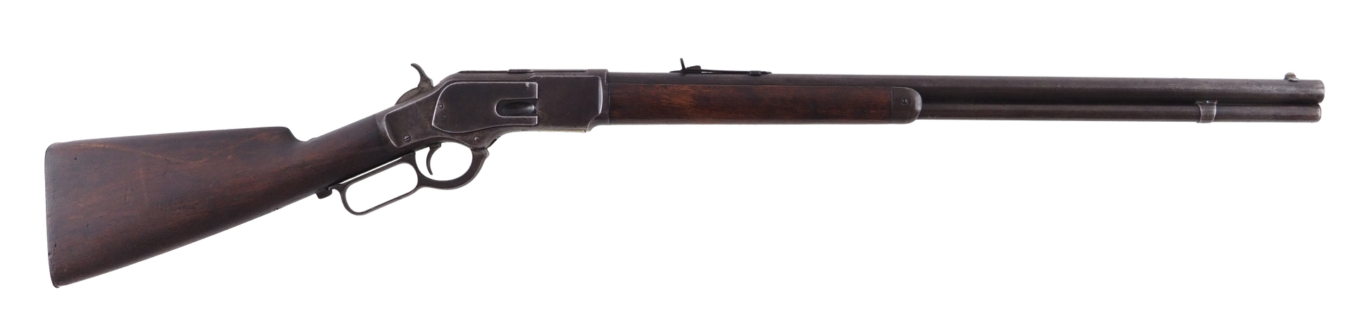 A lever-action rifle on a white background. It's brown and black, with a long barrel and wooden stock.