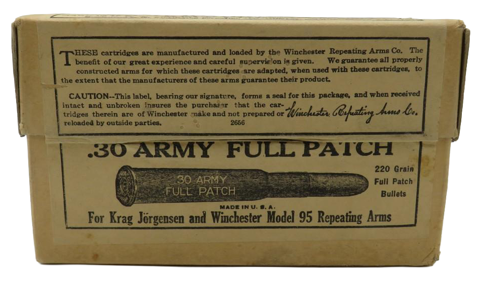 Box of .30 Army Full Patch ammunition, made by Winchester, for Krag Jorgensen and Winchester Model 95 arms.