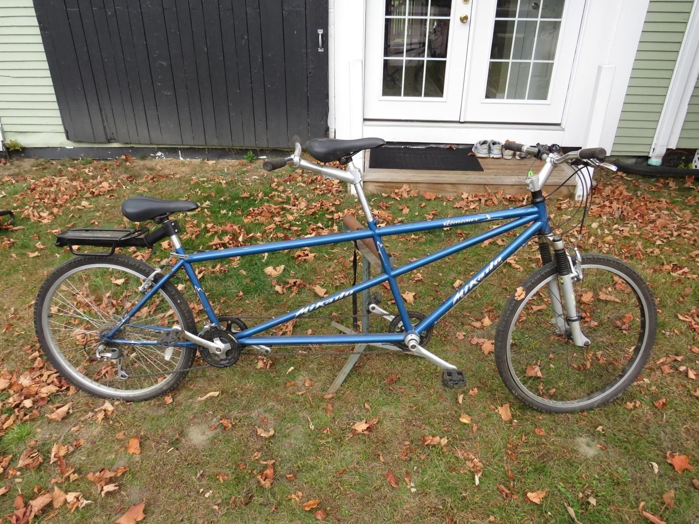 Blue tandem bicycle parked on a grassy area.