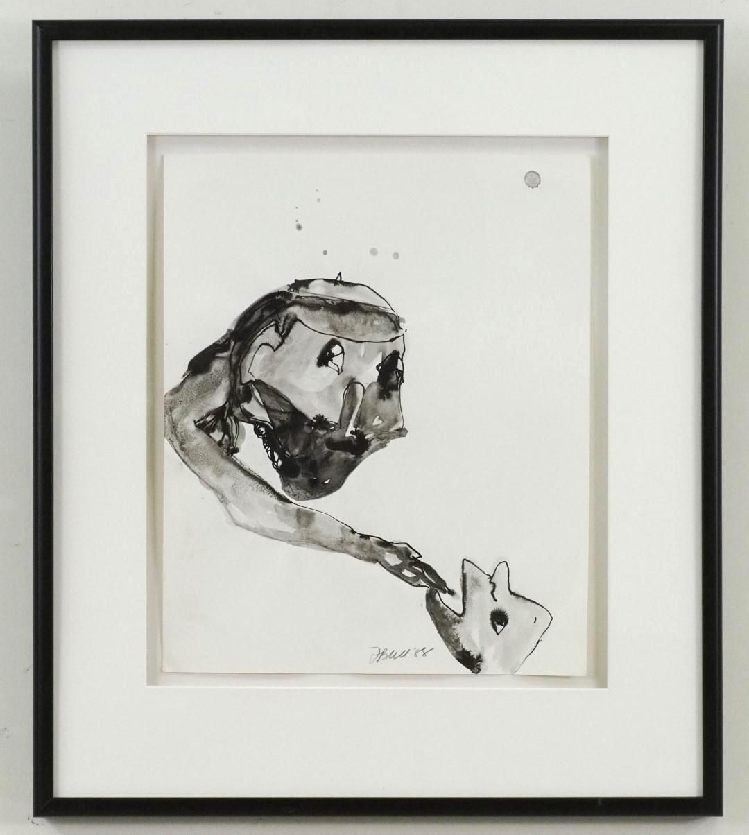 Black and white ink drawing in a frame. Figure reaching for a blob-like shape.