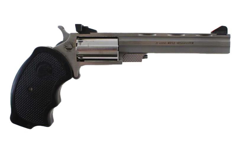 A silver-colored handgun with a black grip against a white background.