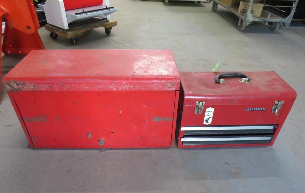 Two red metal toolboxes on a concrete floor. Larger one is a chest, smaller one has drawers.