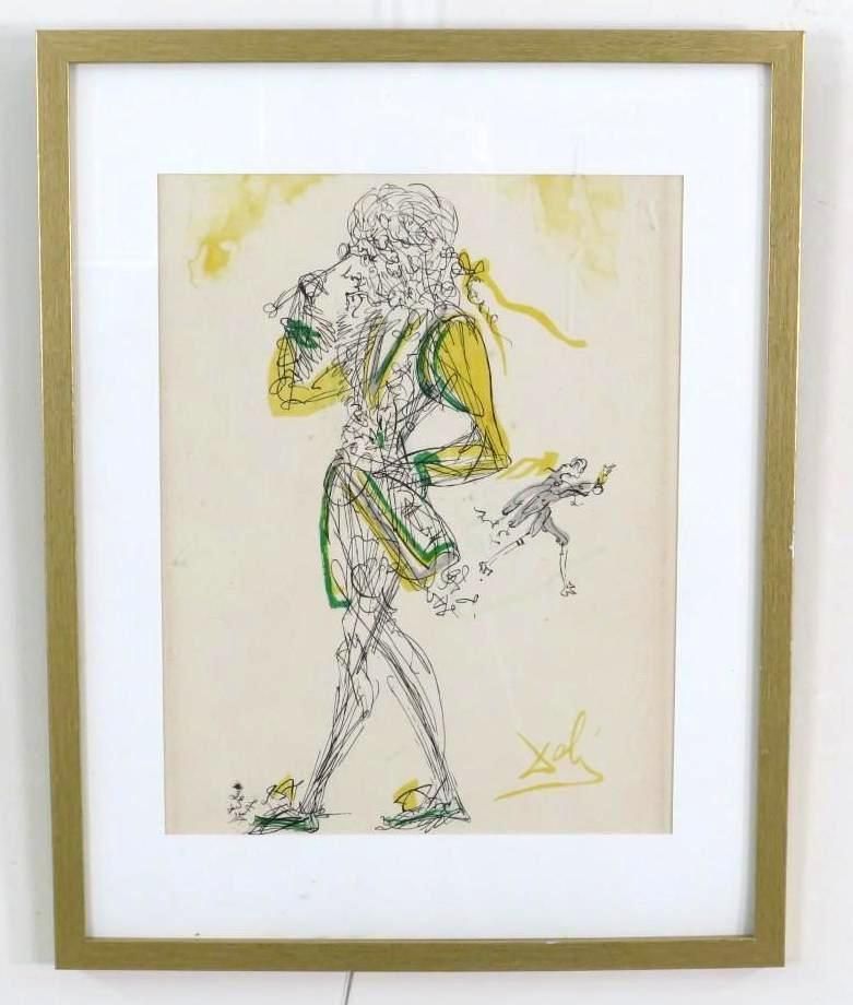 Line drawing of a man in ornate clothing, yellow and green accents, framed and signed by Salvador Dalí.
