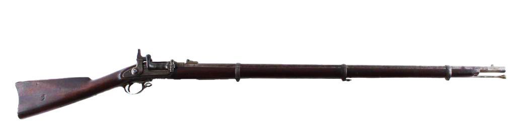 An antique rifle with a dark wooden stock and metal barrel, presented horizontally against a white background.