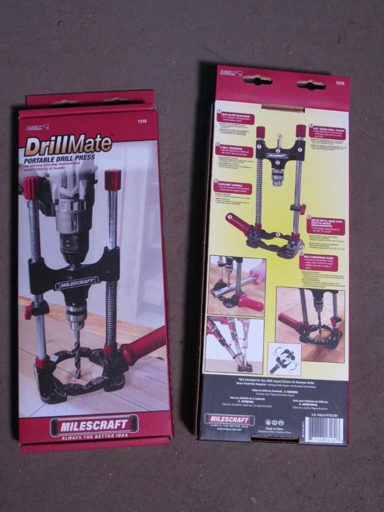 DrillMate drill press stand in packaging; red, black, and white design.