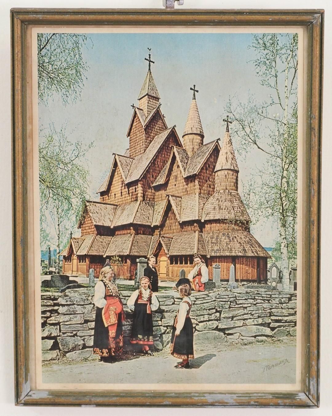 Wooden stave church with people in traditional dress, Norway.