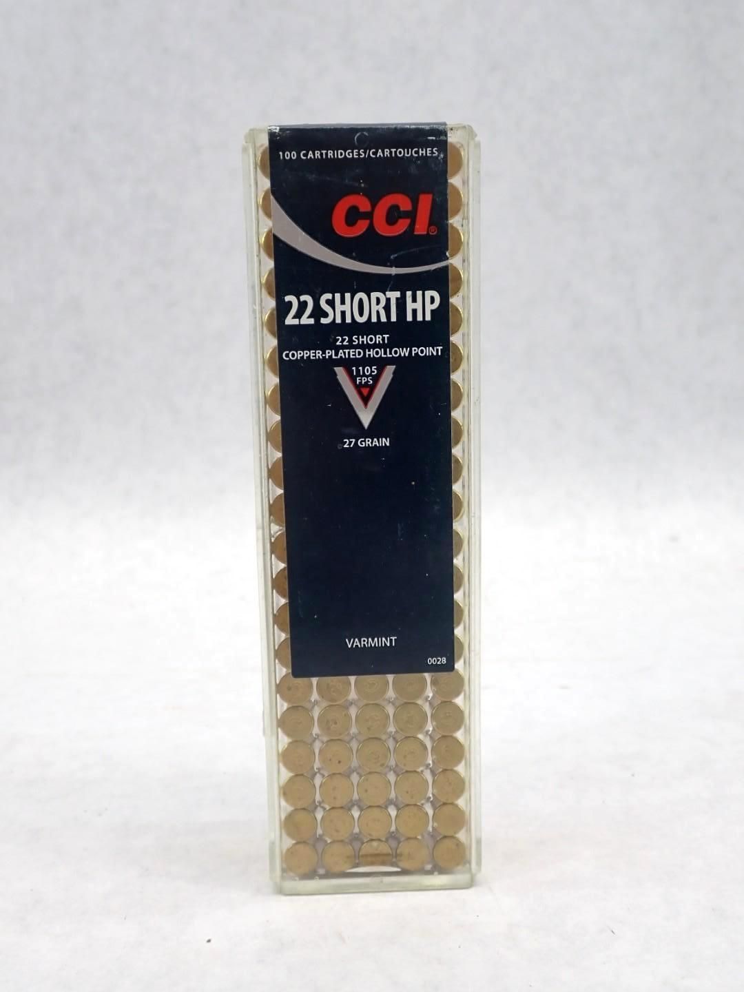 Box of CCI .22 Short HP ammunition with a dark blue label and brown bullets.