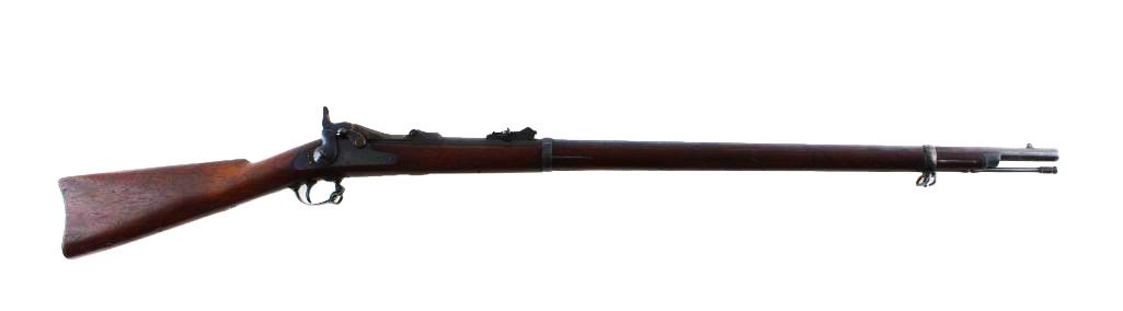 A long rifle, possibly antique, with a dark wooden stock and metal barrel, isolated on white.