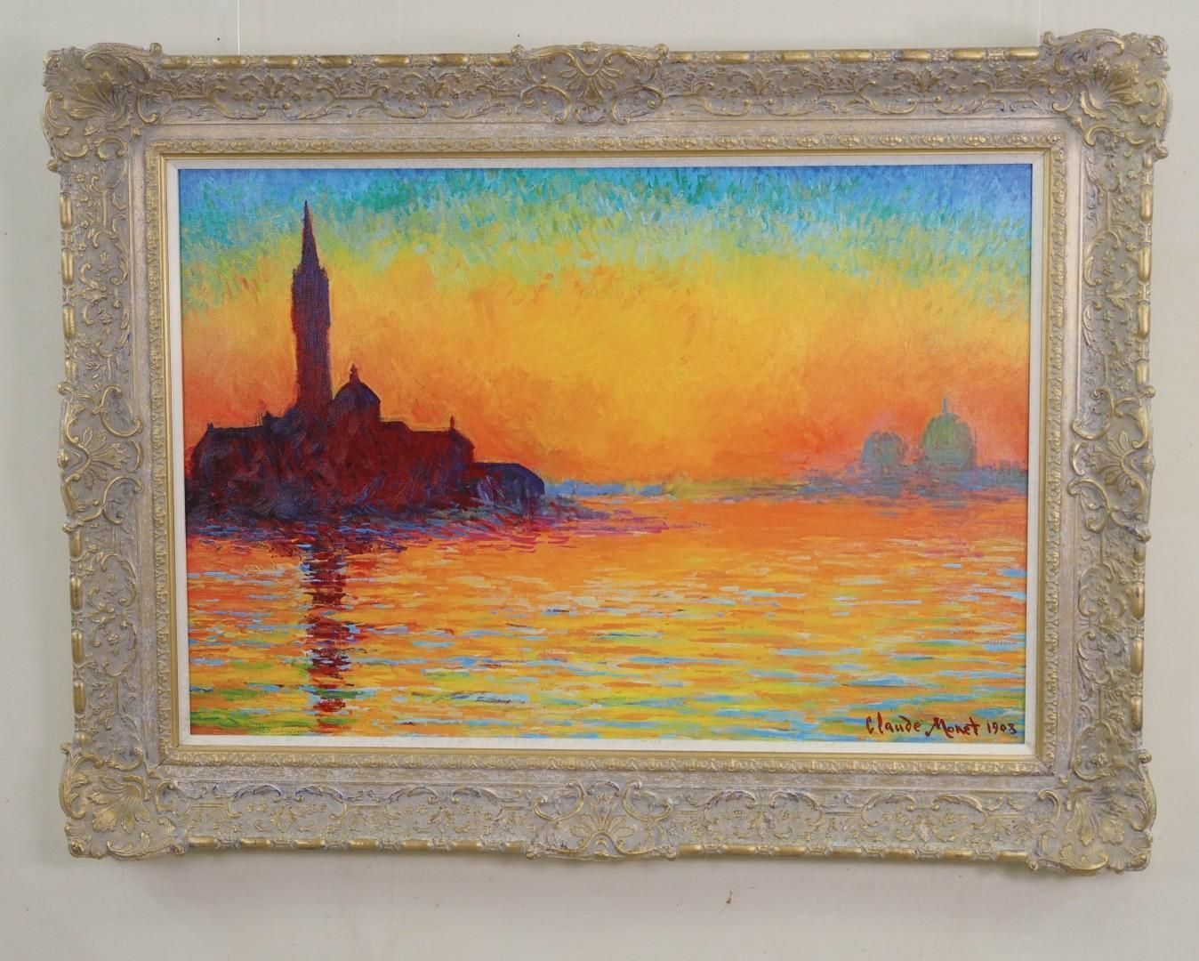 Painting of Venetian sunset with water, buildings, and colorful sky in a gold frame.