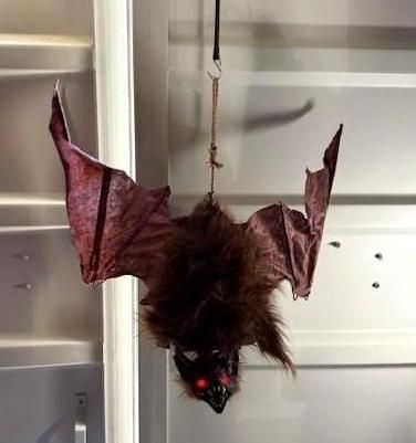 Hanging Halloween bat decoration with red eyes and tattered wings. Brown fur and cord for hanging.
