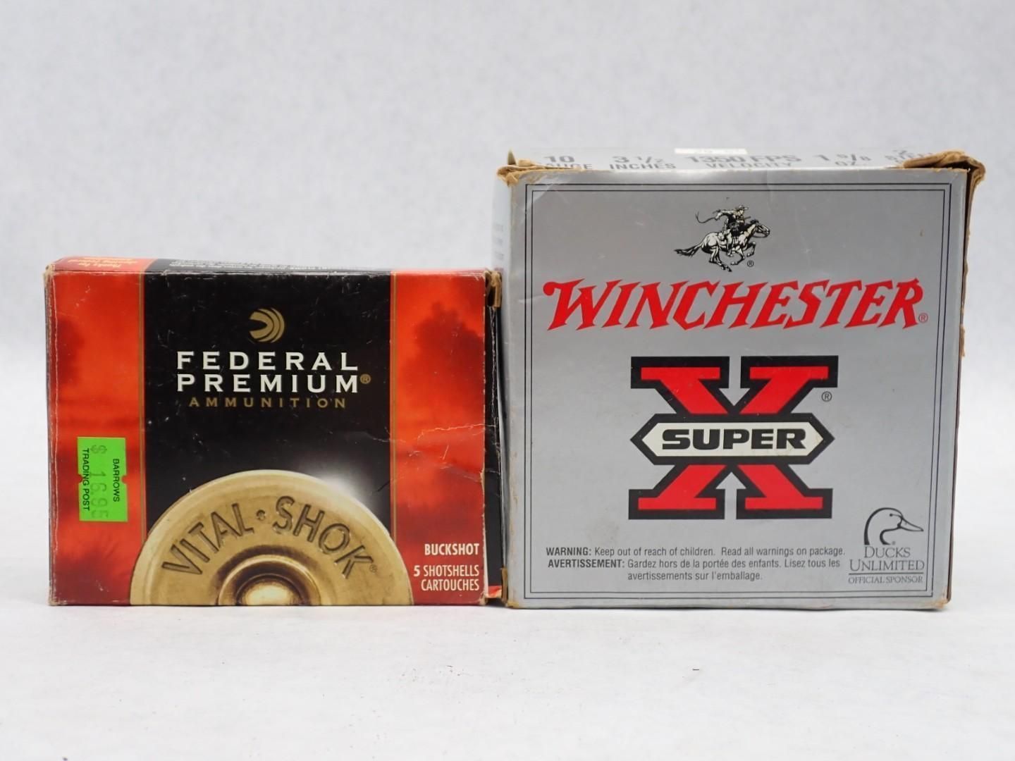 Two boxes of ammunition: Federal Vital-Shok and Winchester Super-X, side by side on a white surface.
