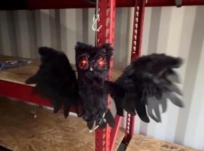 Black, feathered owl decoration with red glowing eyes, hanging against a red metal shelf. Halloween Decoration.