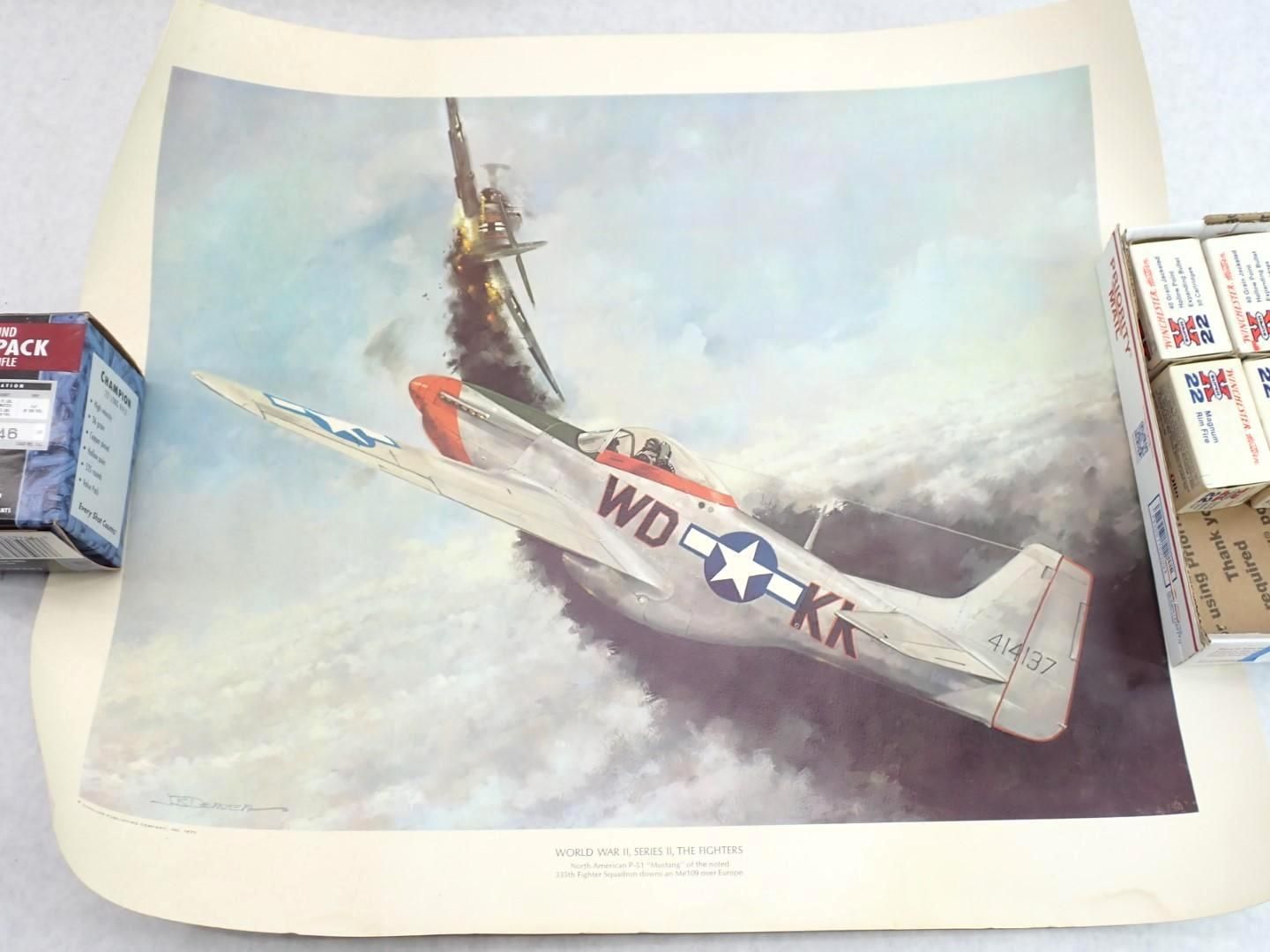 A painting of a P-51 Mustang in flight, with a German aircraft trailing smoke.