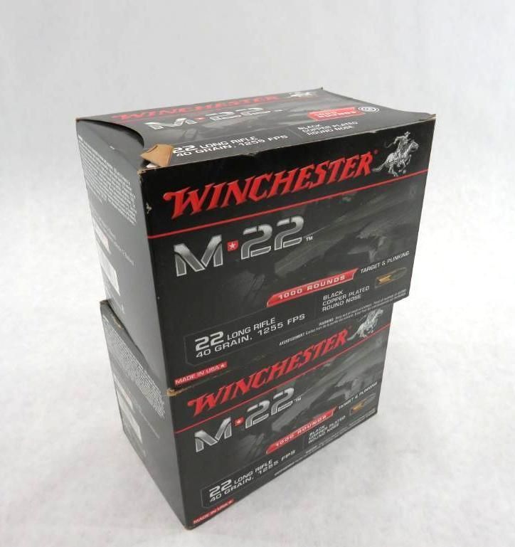 Two boxes of Winchester M-22 .22 LR ammunition stacked on top of each other, black with red and white text.