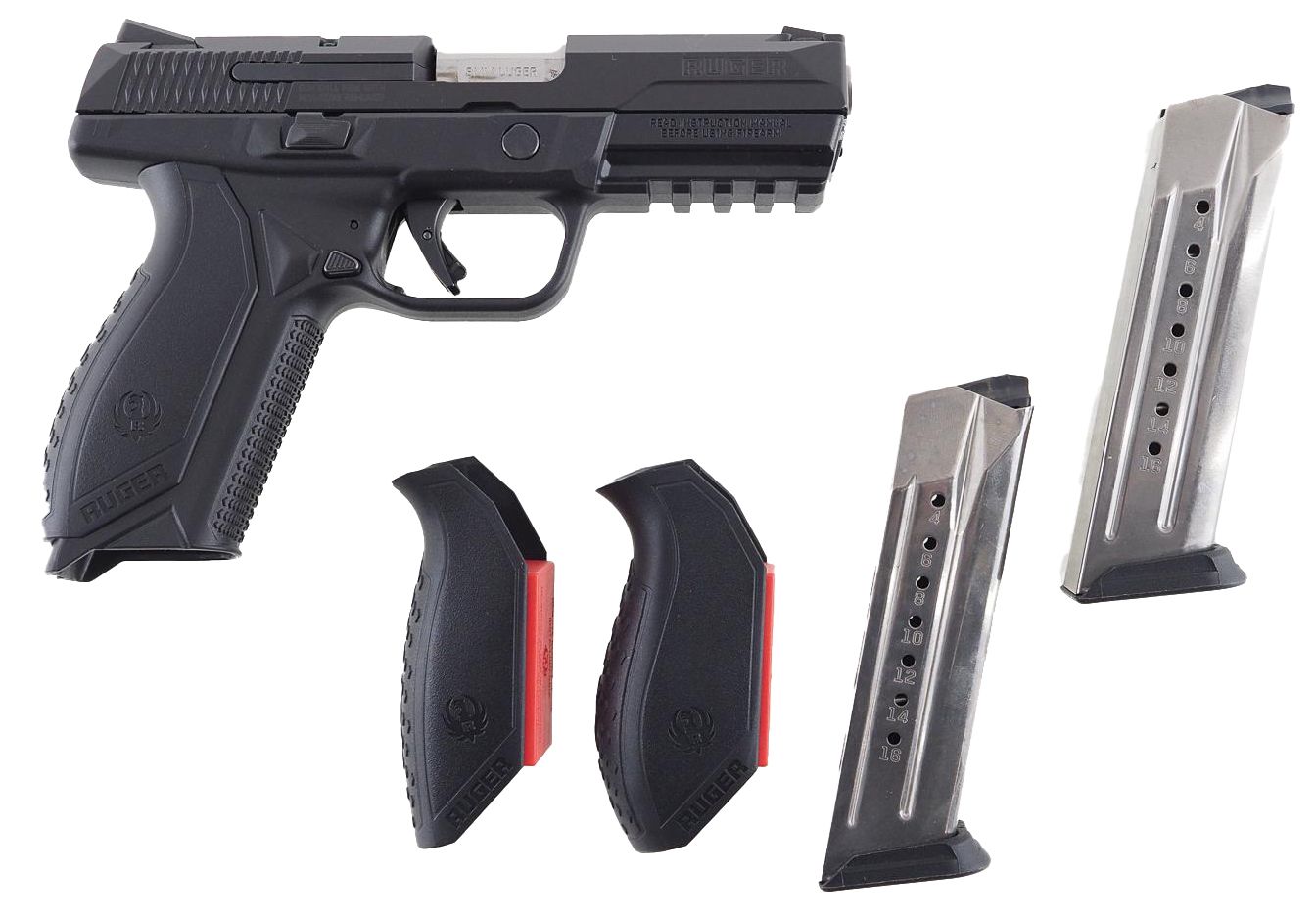 Black handgun with two magazines and interchangeable grip attachments.