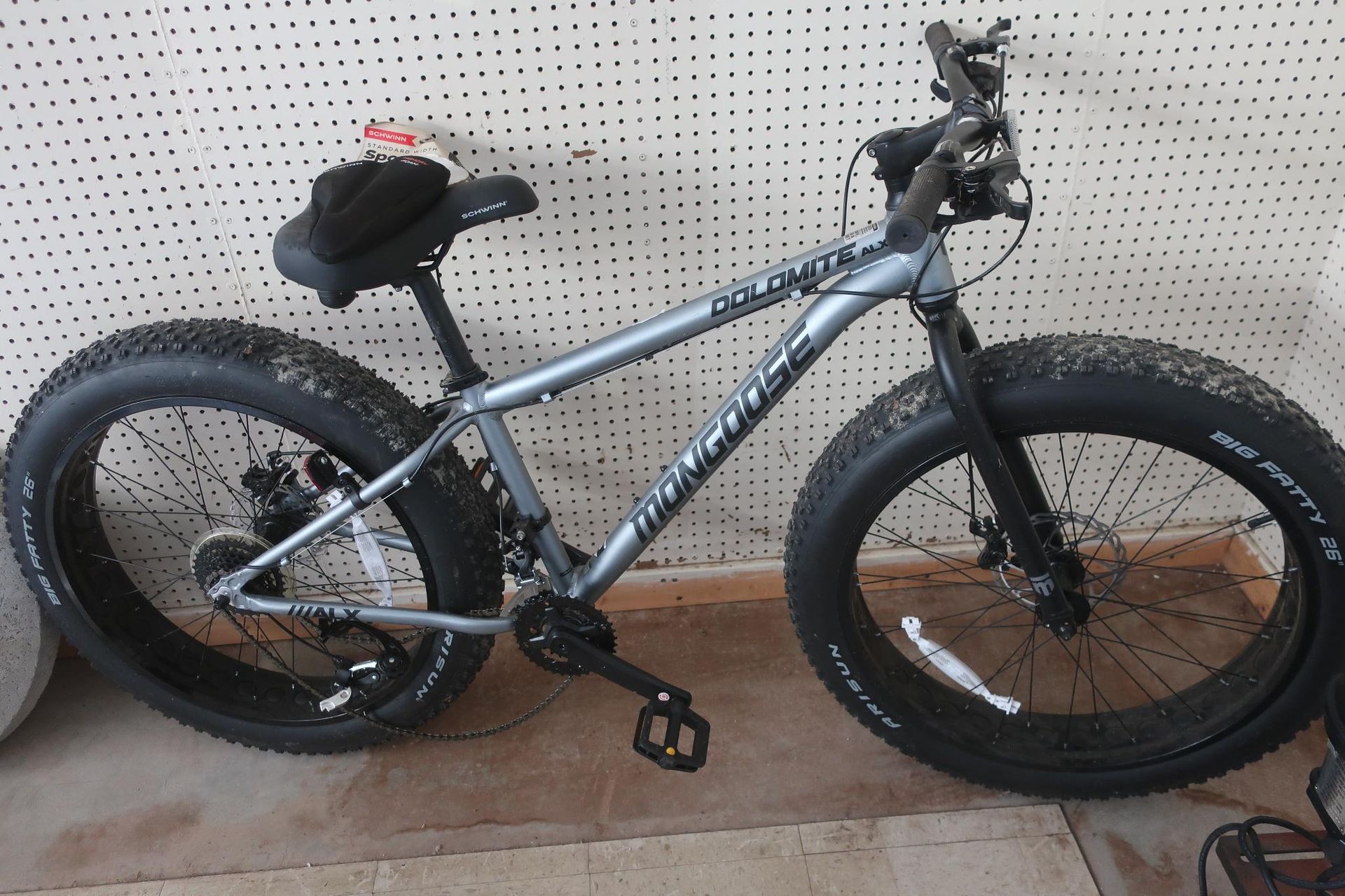 Gray and black fat tire bike.