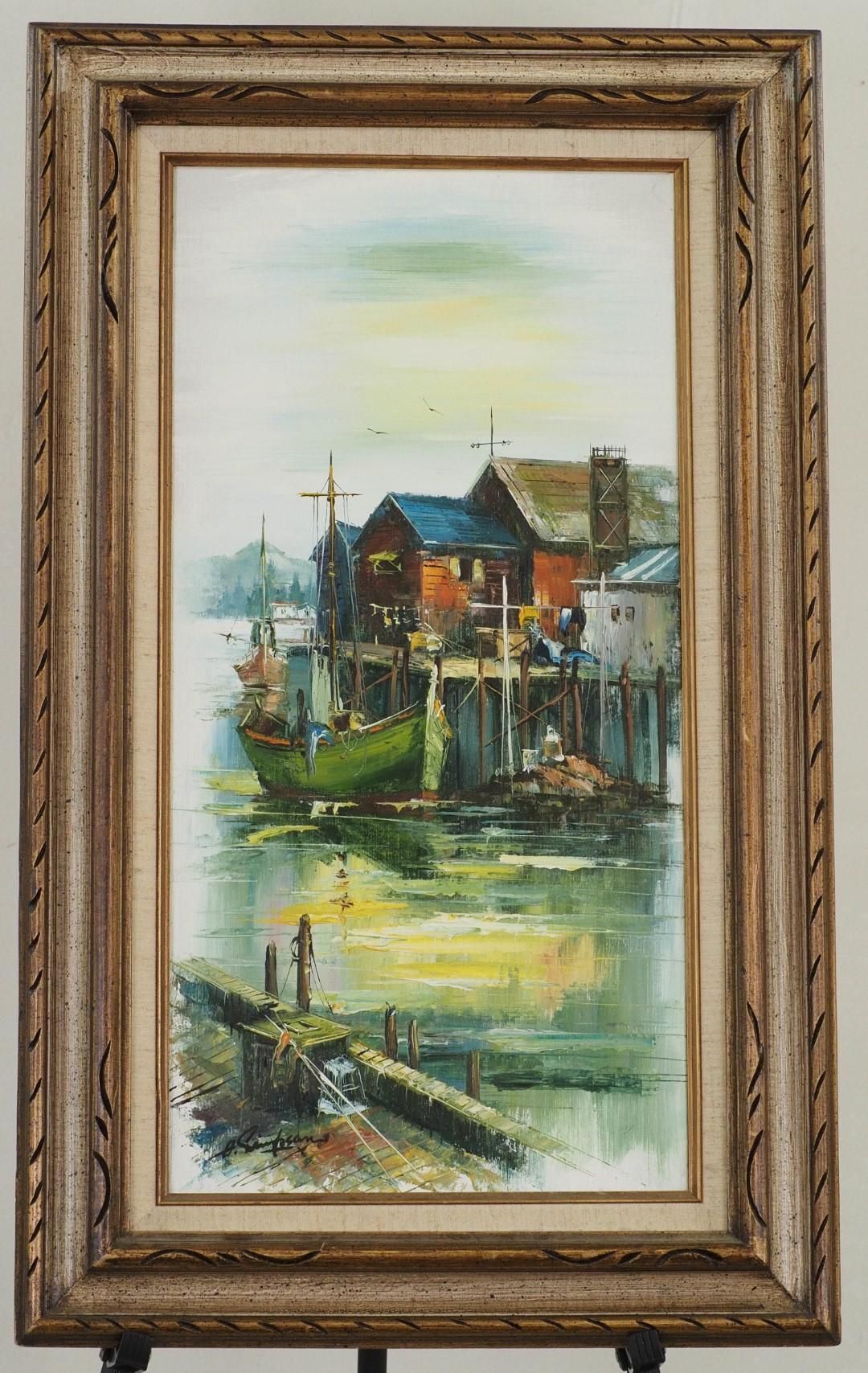 Oil painting of a harbor with wooden buildings, a green boat, and a pier, framed in gold.