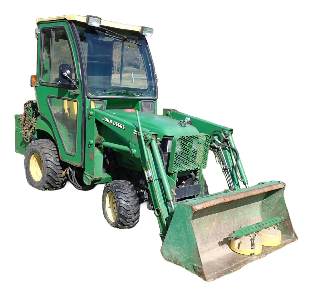Green compact front-end loader with bucket against a white background