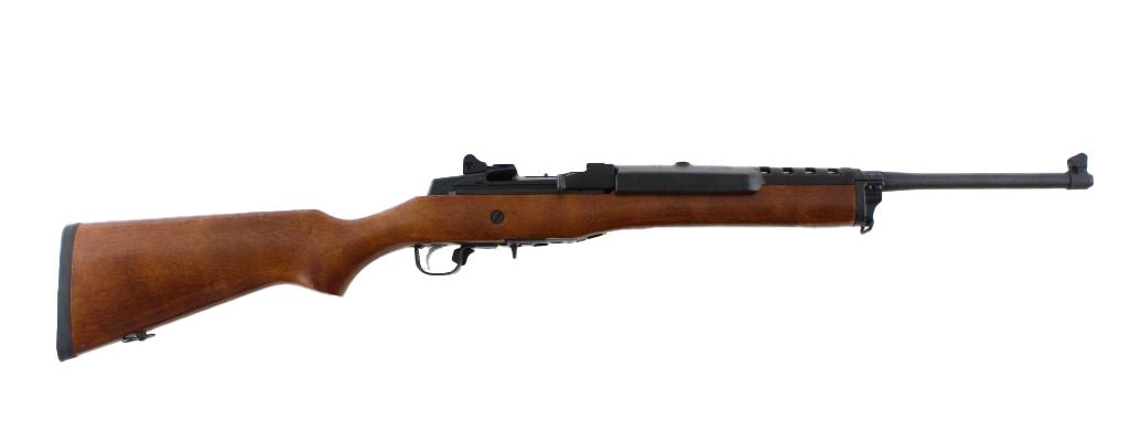 A rifle with a wooden stock and barrel on a white background.