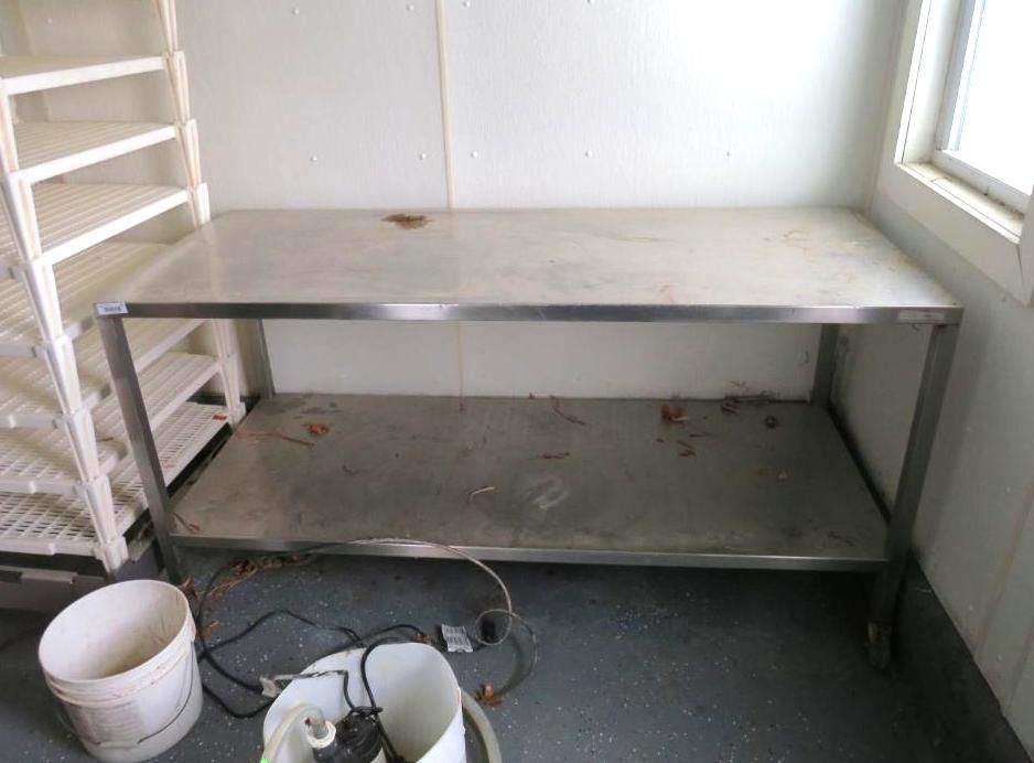 Stainless steel work table with a lower shelf, a window, and a shelving unit in a room.