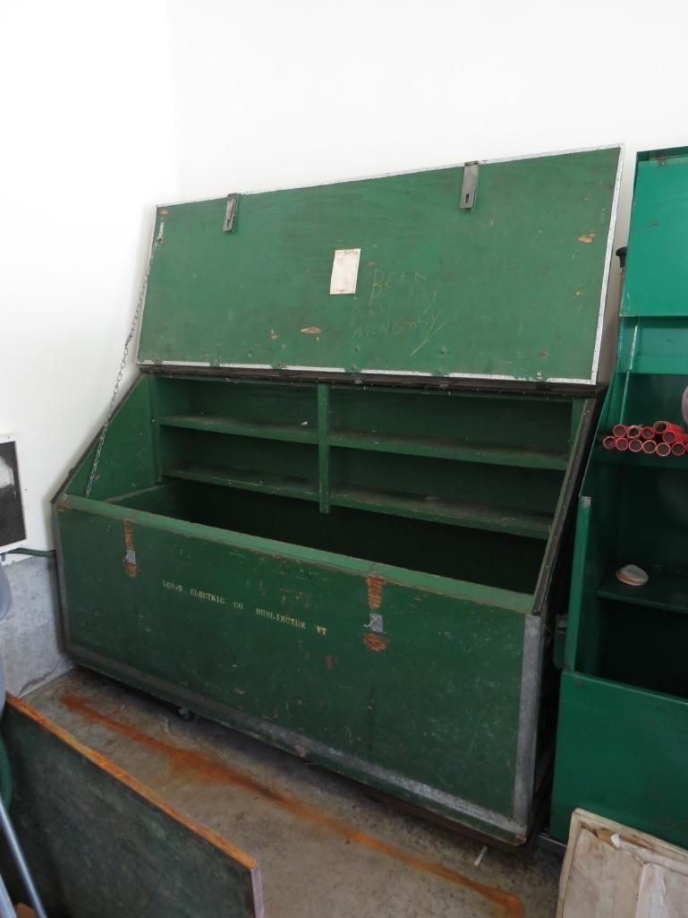 Green wooden storage chest with shelves inside and open lid.