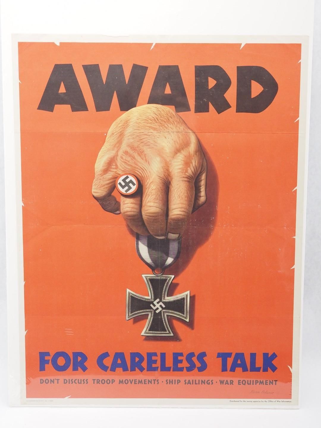 Orange poster reading “AWARD FOR CARELESS TALK,” showing a hand with a swastika ring dropping an Iron Cross medal.