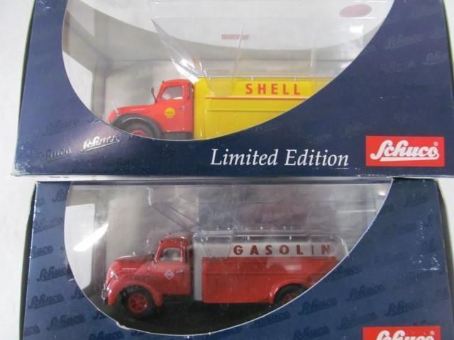 Two boxed Schuco toy trucks: Red cabs, Shell and Gasolin tanks, Limited Edition.
