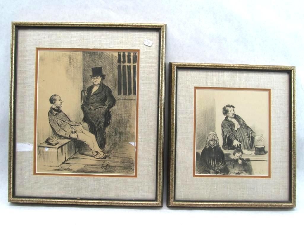 Two framed charcoal drawings: one of a man sitting with another standing, another of a person with two others.