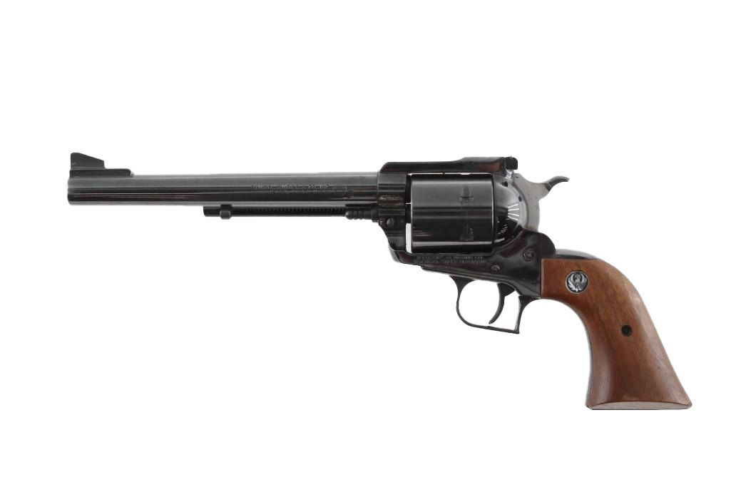 Black revolver with a long barrel and wooden handle.