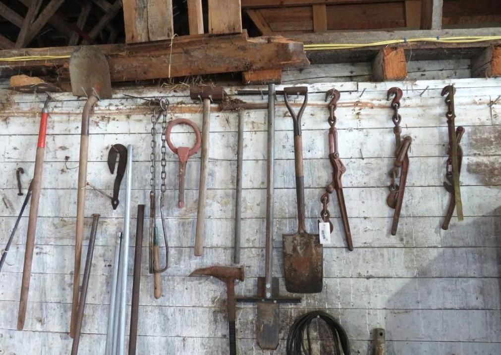 Tools hanging on a white wooden wall.