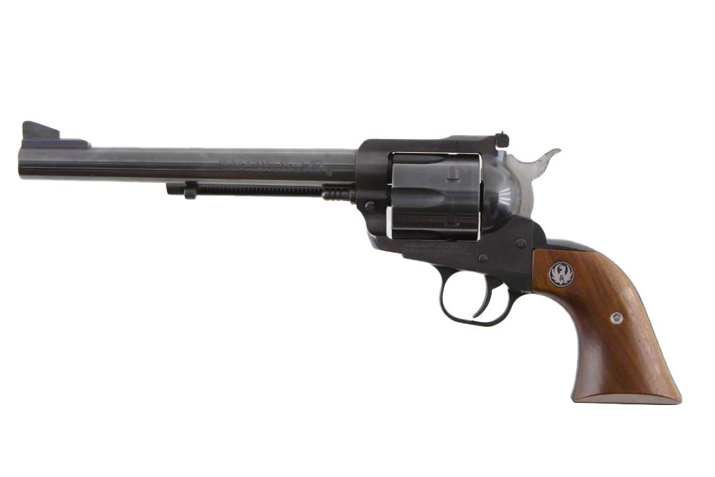 Black revolver handgun with wooden grip on white background.