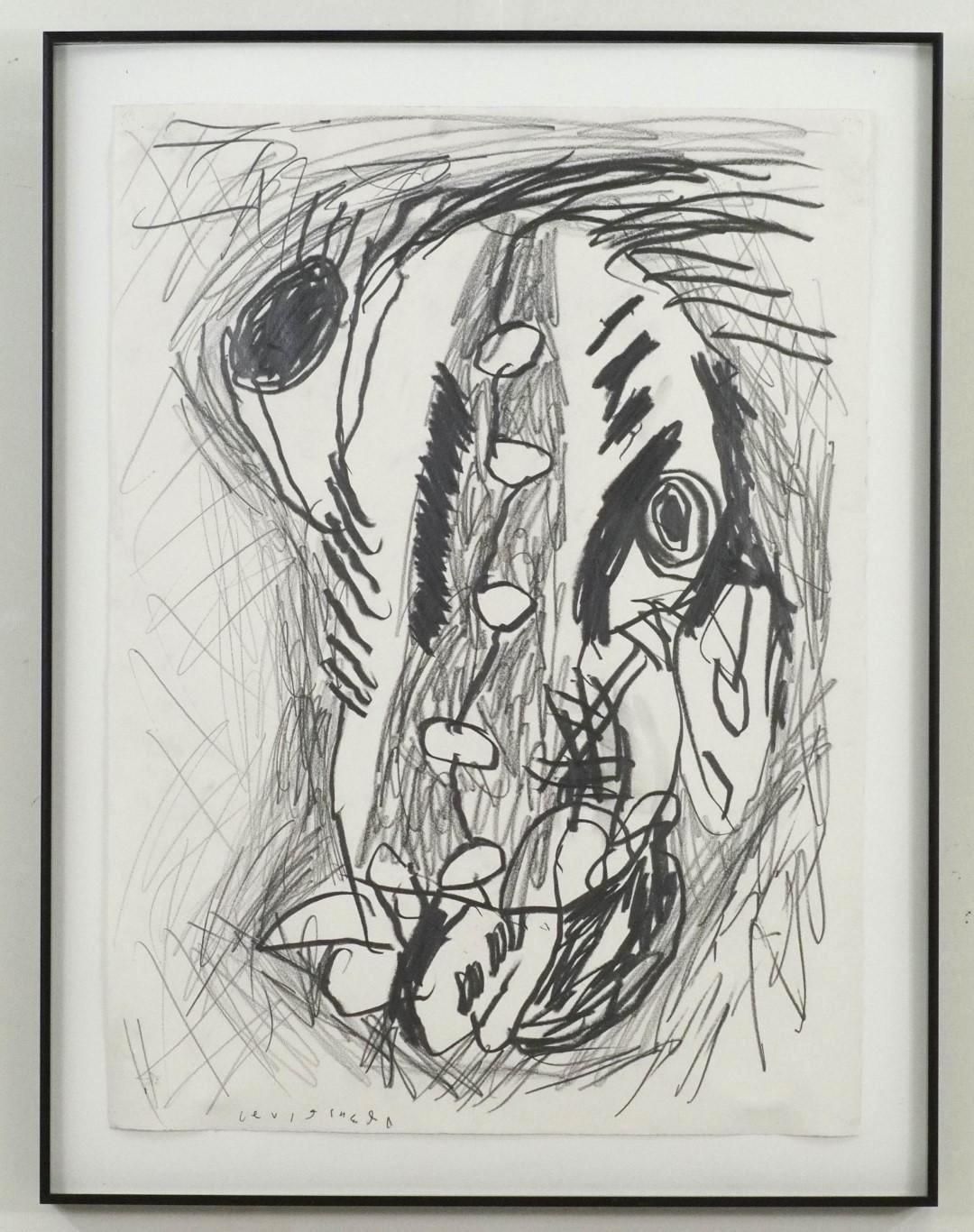 Abstract black and white sketch; linear forms and shapes, framed.