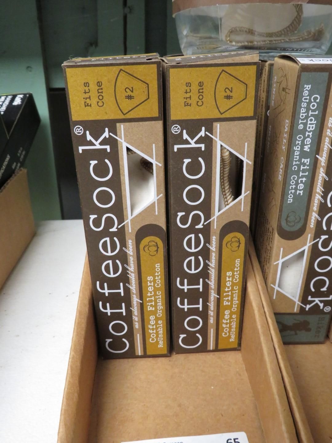 Two boxes of CoffeeSock filters, brown with white text.