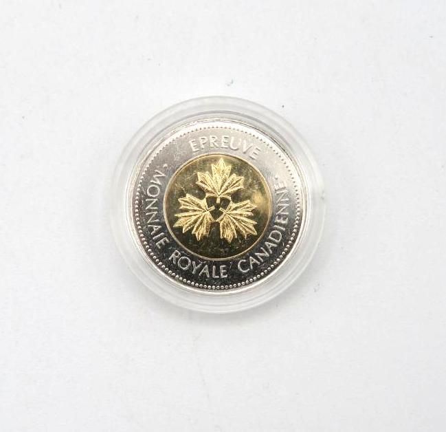 Canadian coin, gold center with three maple leaves, silver rim, in clear plastic holder.