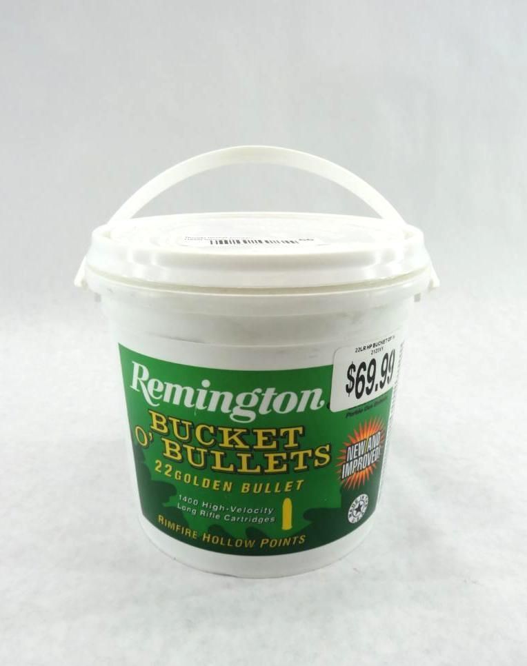 White bucket of Remington .22 bullets. Label says