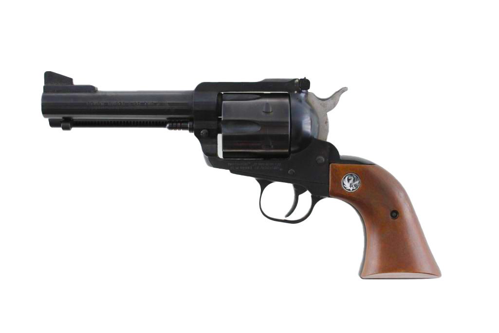 Revolver with a dark metal frame and a wooden grip against a white background.