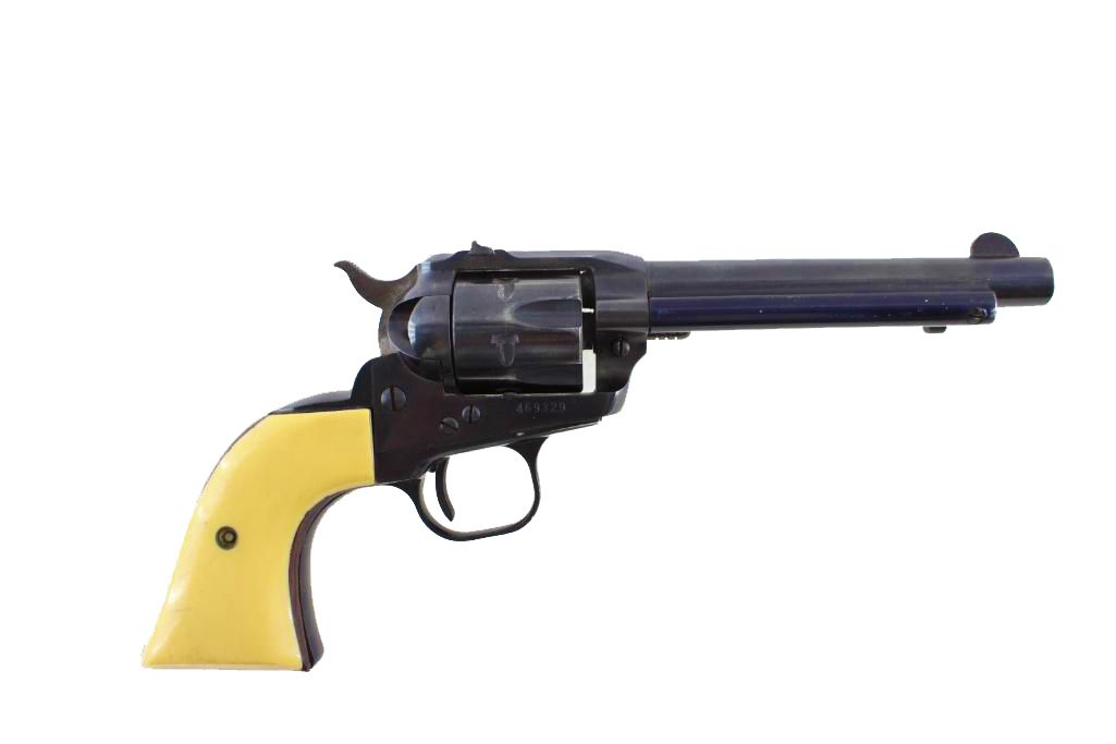 Western-style revolver with a black frame, yellow handle, and long barrel.