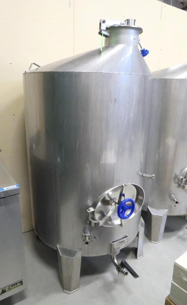 Stainless steel fermentation tank with conical top, blue valve, and legs.