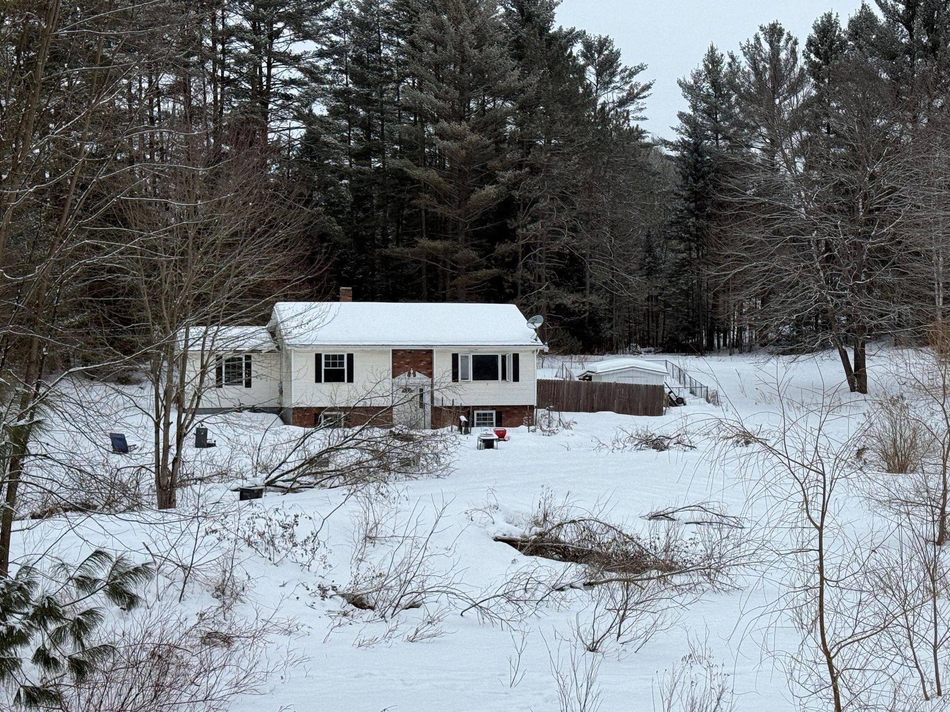 Small, white house with snow-covered roof, surrounded by snow and trees on a cloudy day.