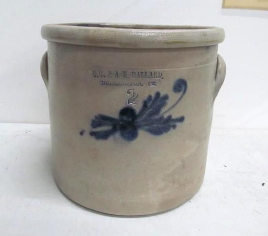 Stoneware crock with blue floral design and