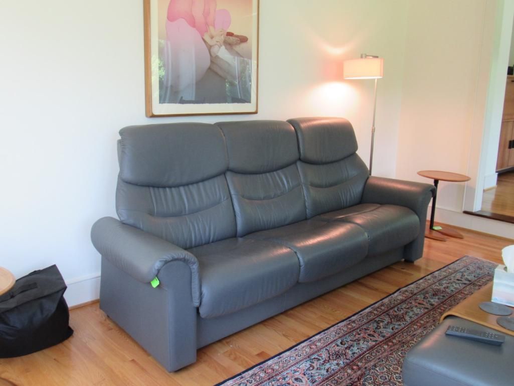 Gray leather sofa in a room with a painting, lamp, rug, and side table.