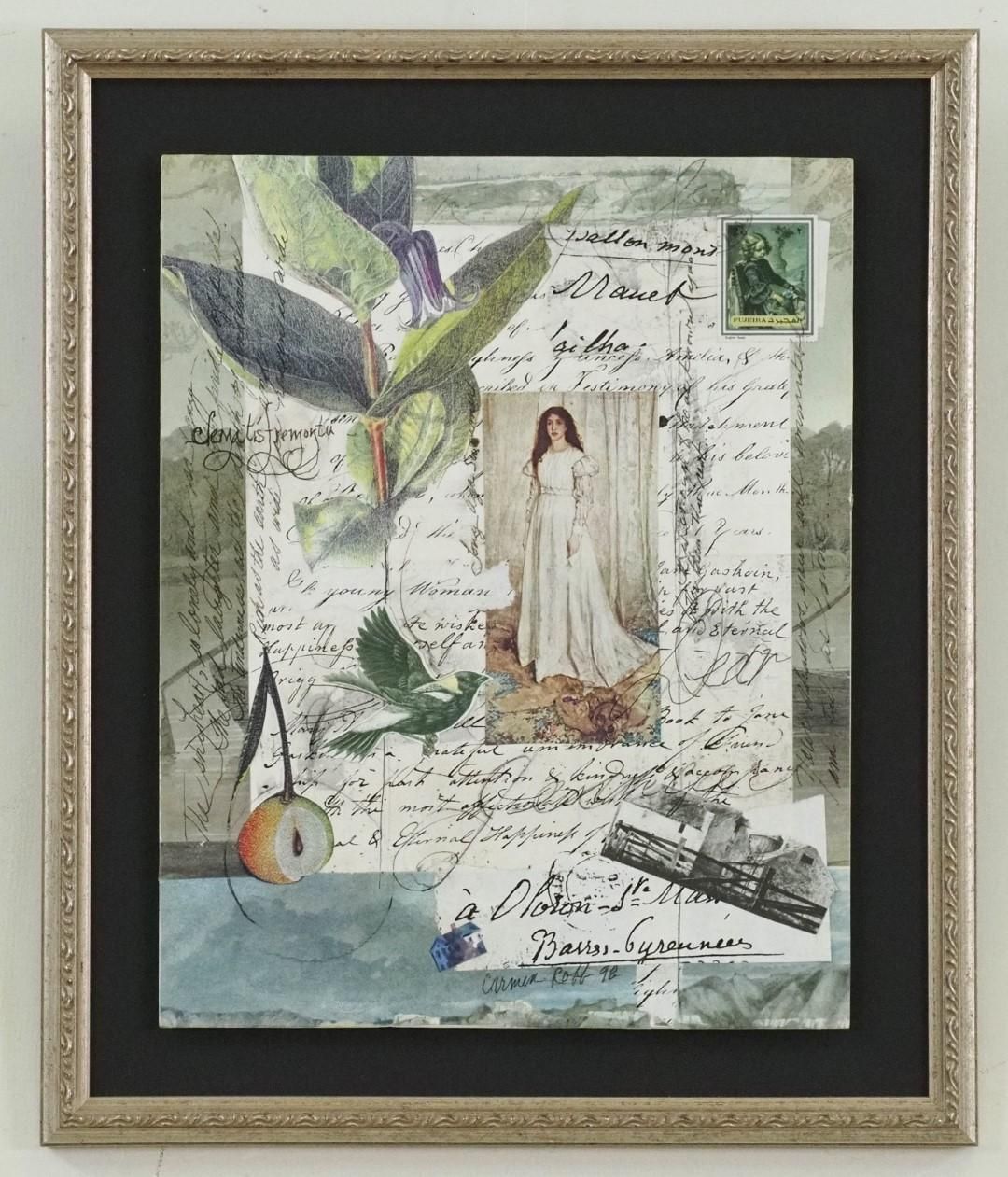 Collage of leaves, a woman in white, handwritten script, a bird, and a stamp. Framed.