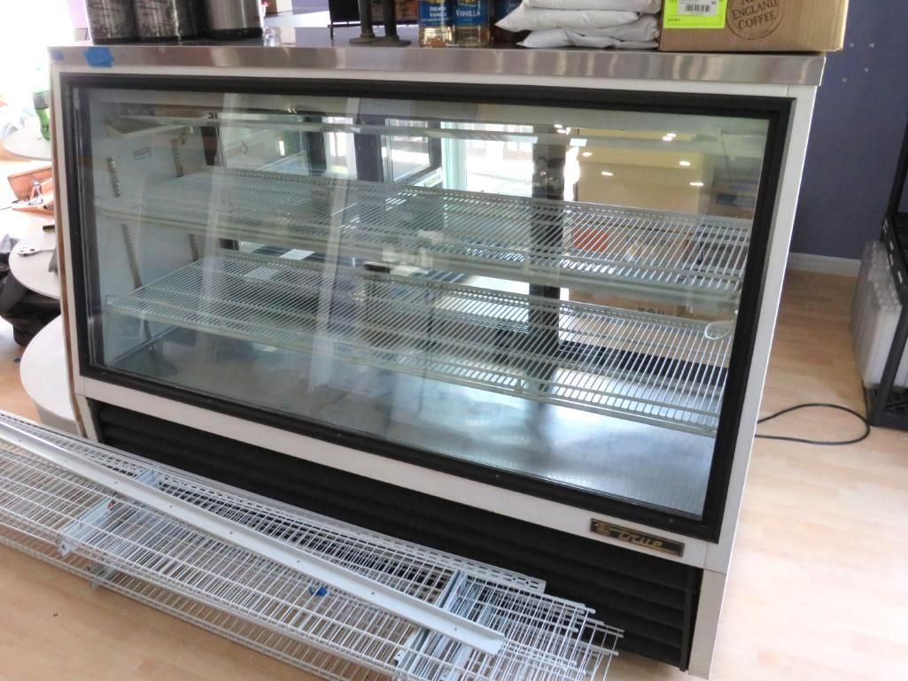 Commercial display refrigerator with multiple shelves, stainless steel, glass door.