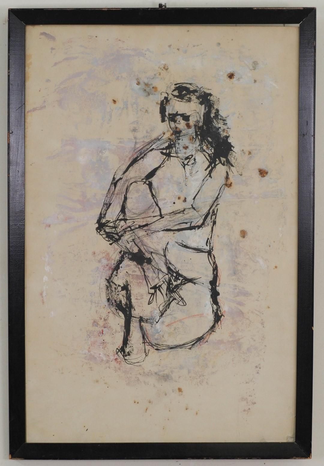 Black framed sketch of a seated figure, legs crossed. Scribbled lines and faint color washes.
