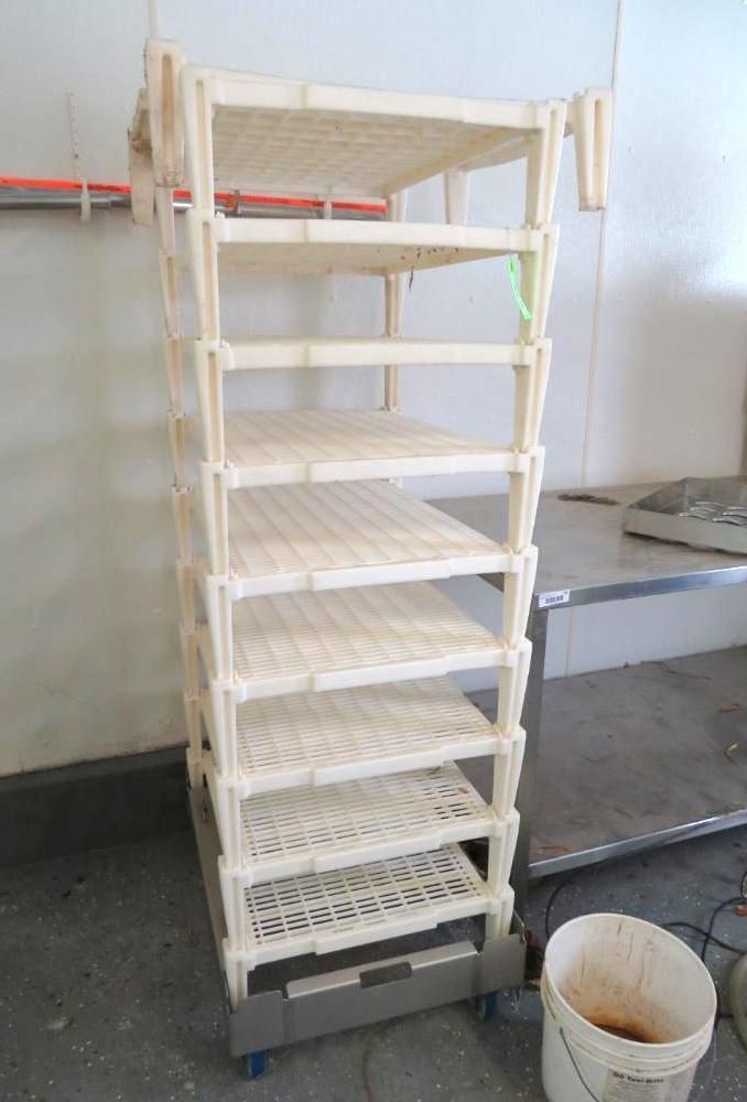 Tall, beige plastic shelving unit on wheels, with multiple open shelves.