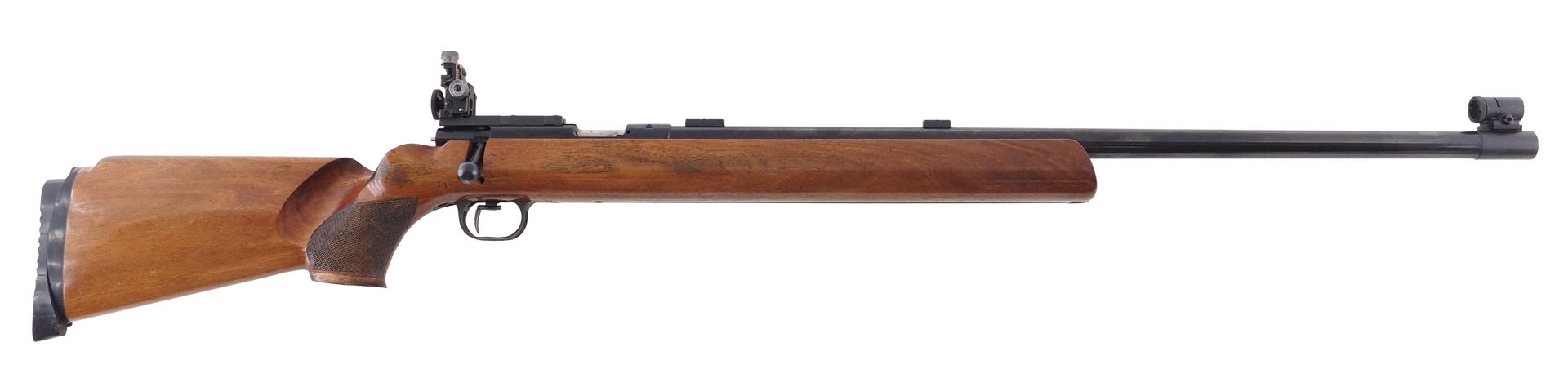 A wooden rifle with a long black barrel and sight.
