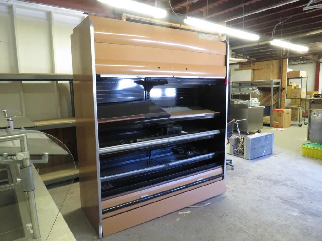 Brown and tan food display shelves.