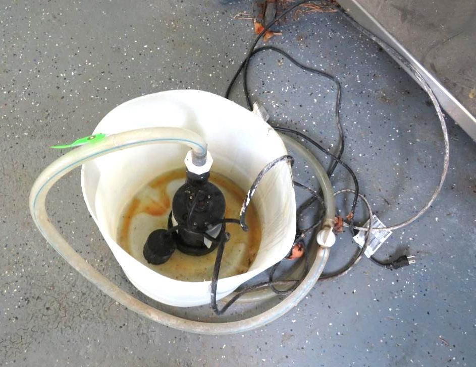 Submersible pump in a white bucket with tubing and power cord, on a concrete floor.