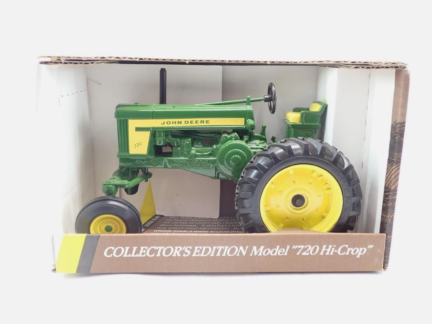 John Deere Model 720 Hi-Crop tractor toy in box; green and yellow.